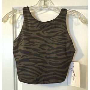 Gottex Studio Y Back Sports Bra Crop Top Olive Green & Black Zebra Small
